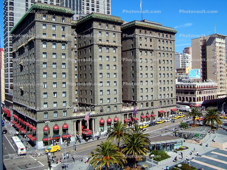 Saint Francis Hotel, Union Square, buildings, taxi cab, bus, downtown, downtown-SF, June 2005