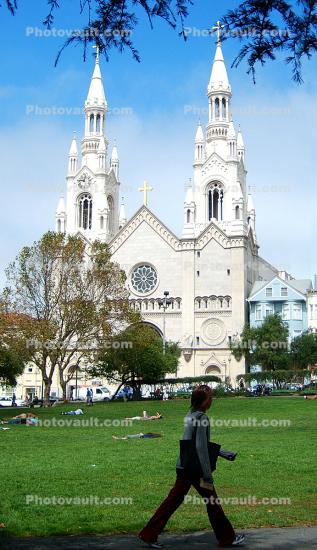 Washington Square, North-Beach, Lawn, park, Church, Cathedral, Catholic