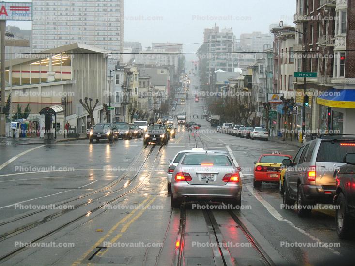 Cable Car Tracks, California Street, Rain, inclement weather, wet, Slippery, Rainy, Bad Driving Conditions, Dangerous, Precipitation, Exterior, Outdoors, Outside