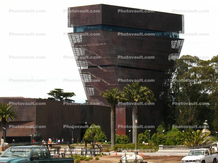 DeYoung Museum and the Inverted Pyramid Tower, Twisting Tower, Copper Building, building, detail