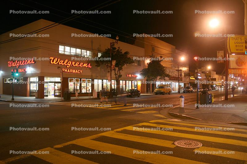 Walgreens Pharmacy, Crosswalk, Night, nightime, Exterior, Outdoors, Outside, Nighttime, building
