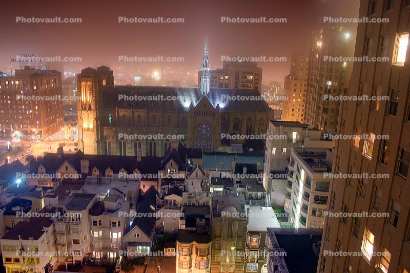 Grace Cathedral, Night, nightime, Exterior, Outdoors, Outside, Nighttime, building, residential