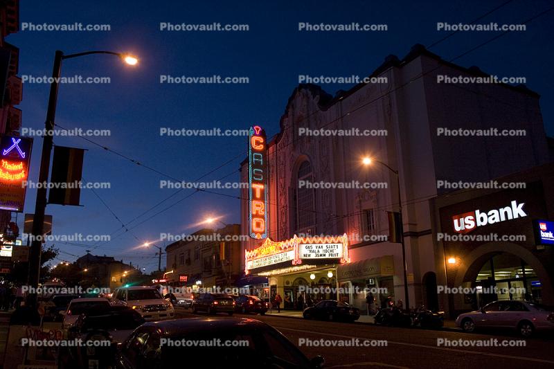 Castro Theater, Castro District, Twilight, Dusk, Dawn, cars