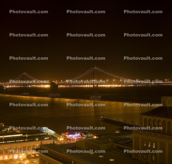 San Francisco Oakland Bay Bridge, evening, night, nighttime