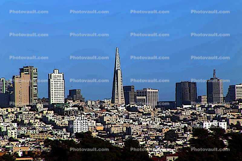 Skyline, cityscape, hill, highrise, Paintography