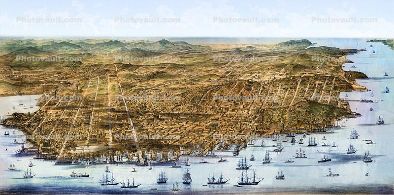 Waterfront, downtown, harbor, Historical San Francisco, 1864, Panorama