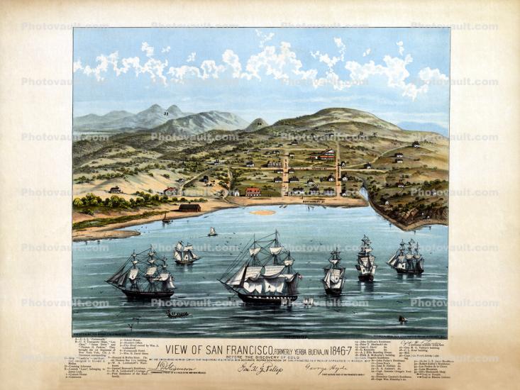 View of San Francisco, formerly Yerba Buena, in 1846-7 before the discovery of gold, Montgomery, Kearny, Clay, Washington, Streets, Nob Hill, 1846, Historical San Francisco