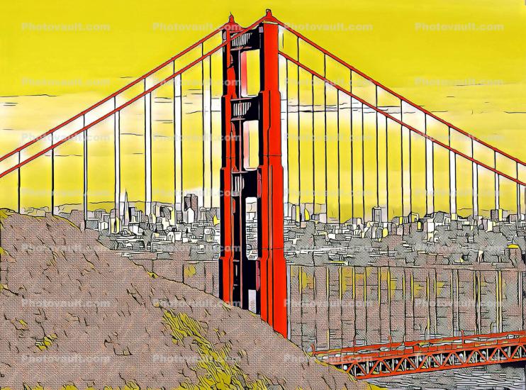Cartoon Golden Gate Bridge, Skyline, Abstract