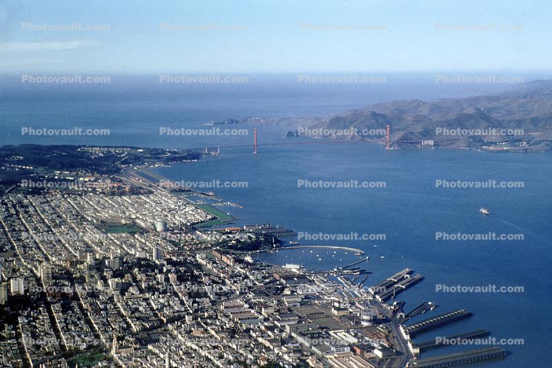 The Marina, docks, piers, Aquatic Park, Golden Gate Bridge, Marin Headlands, 1953, 1950s