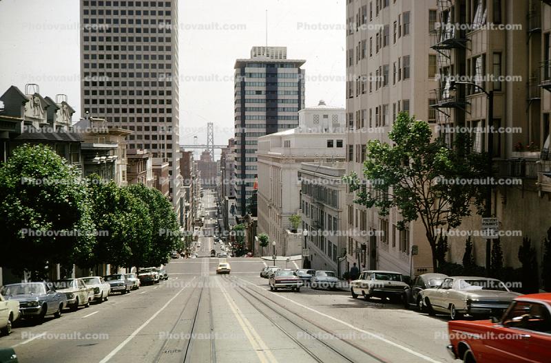 Cars, Buildings, California Street, steep, June 1966, 1960s