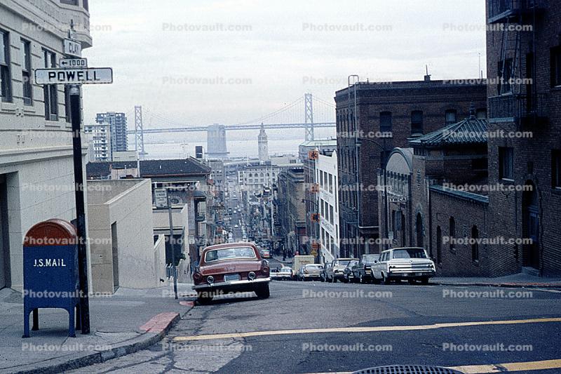 Corner of Clay and Powell Street, Bay Bridge, Ferry Building, Cars, 1960s