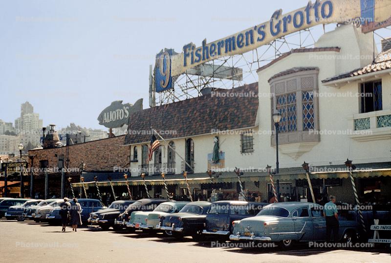 Fishmen's Grotto, Aliotos, Heart of Fishermens Wharf, cars, buildings, Pier, 1950s