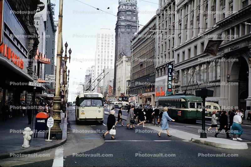 Trolley Bus, Woolworth, Market Street at 5th street, April 6, 1961, 1960s