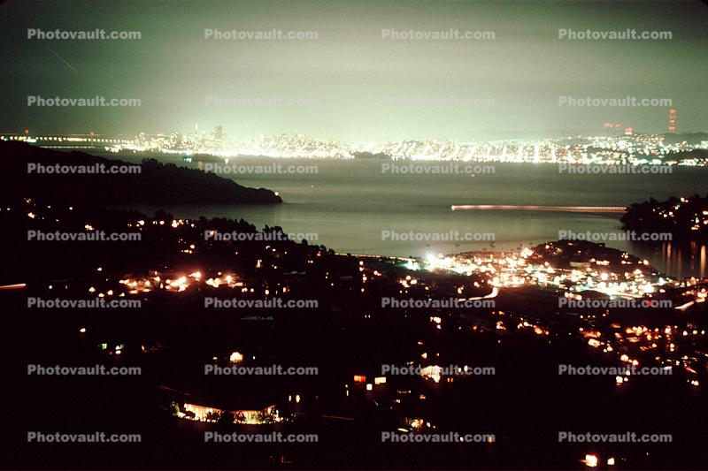 Tiburon, Belvedere, hills, skyline, evening, Alcatraz, 1970s