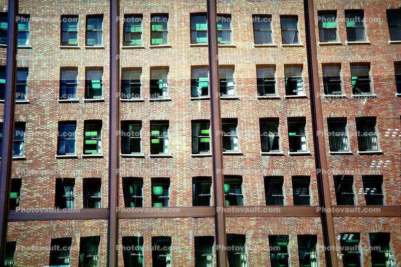 reflection, reflecting, brick building, windows, building, detail