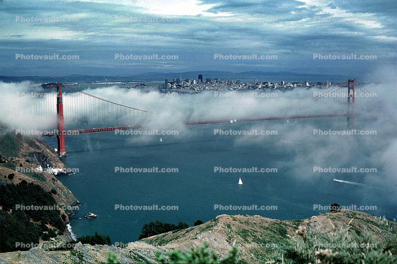 Golden Gate Bridge in the Fog, Golden Gate Bridge, Fog, hills, clouds