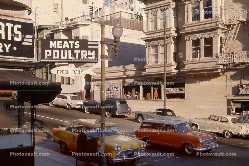 Steep, Street and a Yellow Taxi Cab, buildings, Russian Hill, 1950s