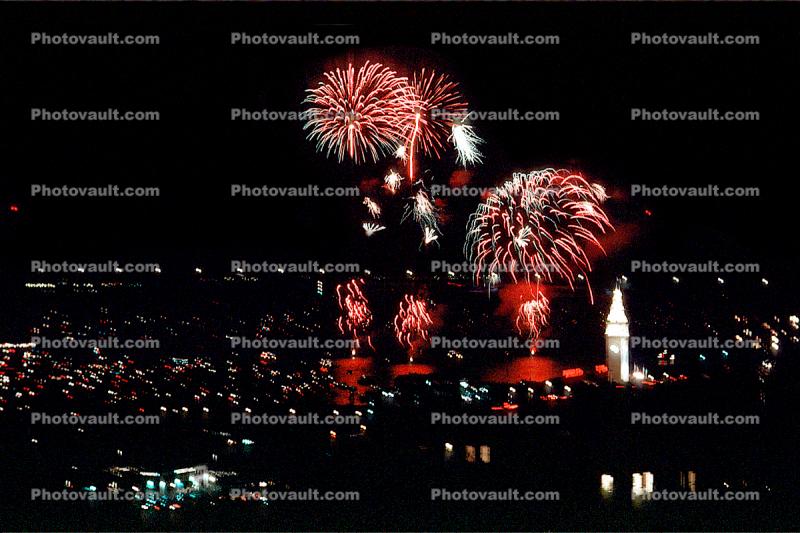 Fireworks, Boats, buildings, the Embarcadero, 50th anniversary party celebration for the Bay Bridge
