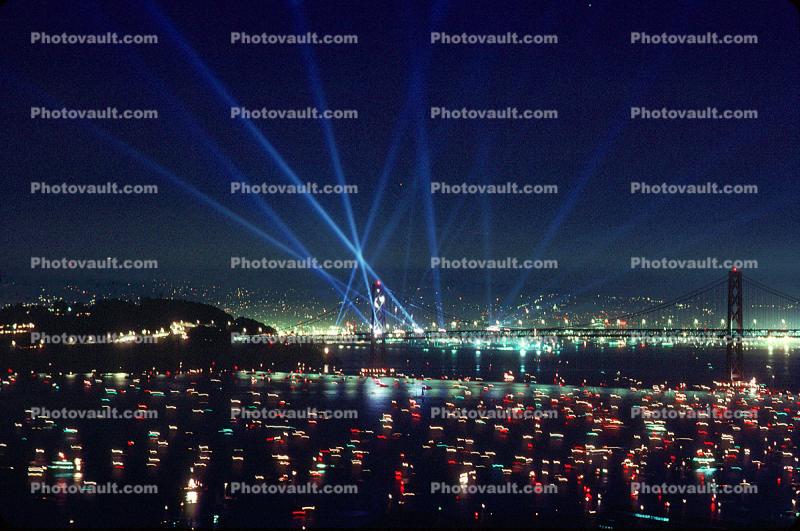 Kleig Light, kleiglight, spot light, spotlight, boats, 50th anniversary party celebration for the Bay Bridge
