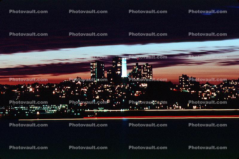 Telegraph Hill, buildings, skyscrapers, skyline, sunset, December 5 1988, 1980s
