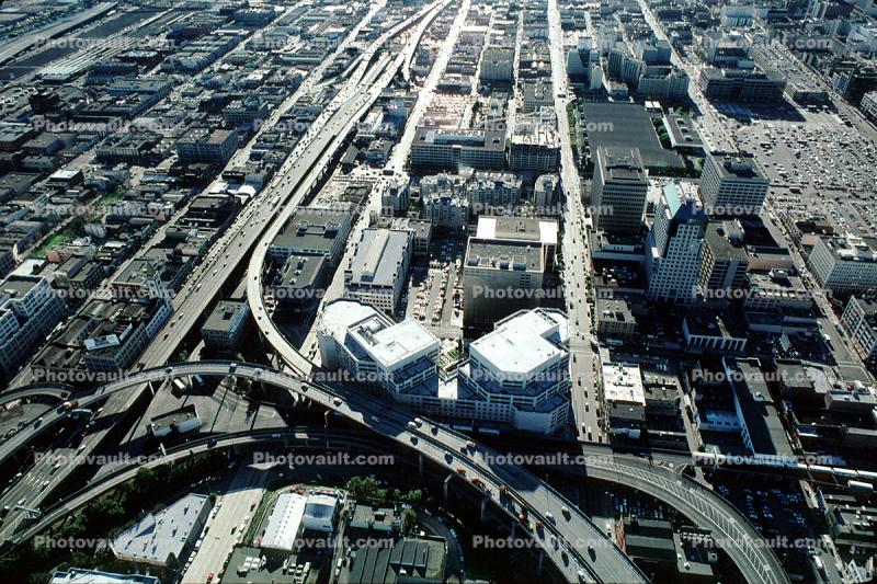 2nd street, buildings, skyline, SOMA, freeway, December 7 1988, 1980s