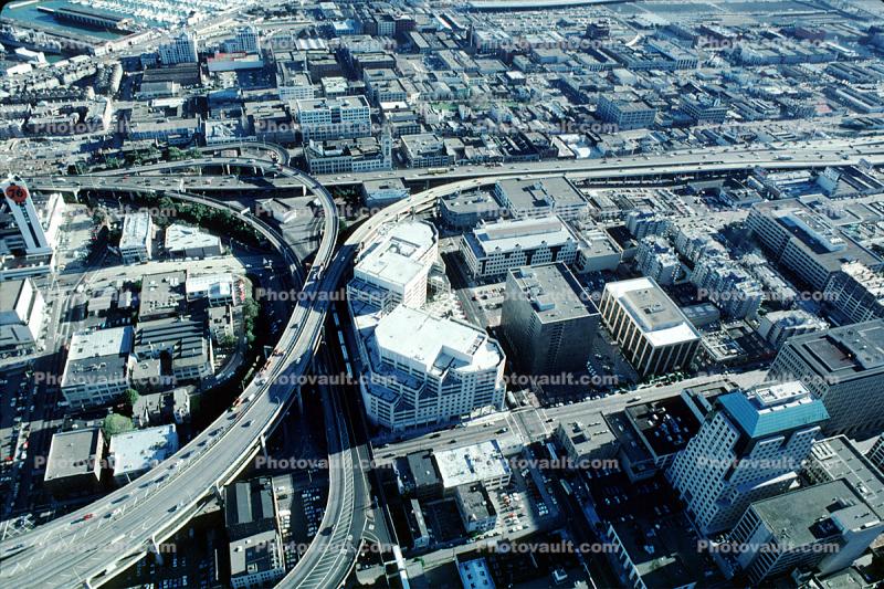 2nd street, buildings, skyline, SOMA, freeway, December 7 1988, 1980s