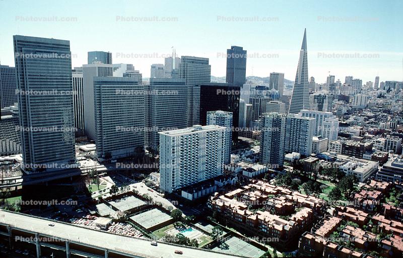 old Embarcadero Freeway, Embarcadero Center, downtown, office building, skyscraper, highrise, skyline, March 3 1989, 1980s