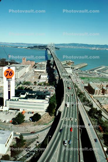 San Francisco Oakland Bay Bridge, Union 76 clock building, tower, March 3 1989