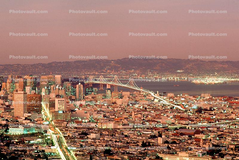 San Francisco Oakland Bay Bridge, Sunset, Sunclipse, Dusk, twilight, Dawn, from Twin Peaks