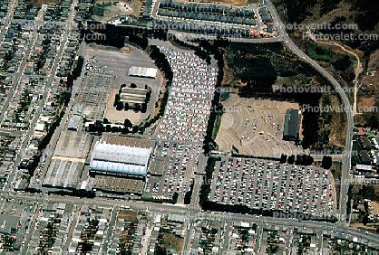 Cow Palace, parked cars, parking lot, buildings