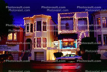 Decorated homes, Trees, Lights, shops