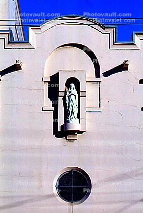 Mother Mary Statue, Church, Wall, Building, Round Window