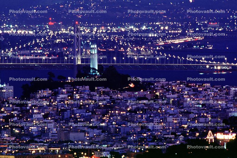 San Francisco Oakland Bay Bridge, Coit Tower, dusk, evening, nighttime