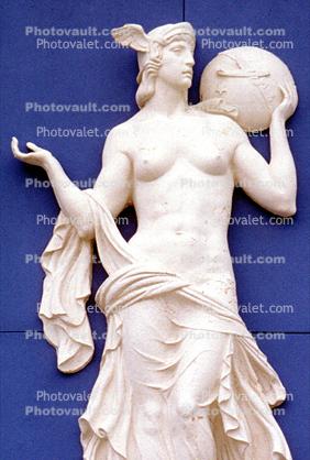 Mercury, bar-Relief, sculpture, Winged God, Hermes, globe, wings, building, detail