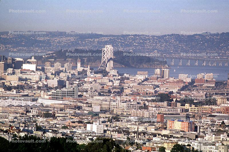 San Francisco Oakland Bay Bridge, from Twin Peaks, Downtown-SF, skyline, buildings