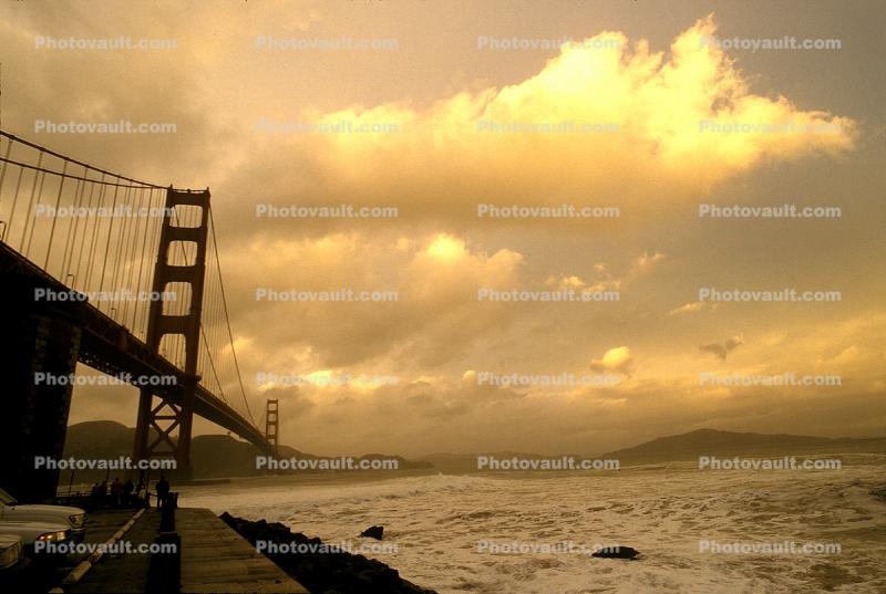 Stormy Yellow Glow, Golden Gate Bridge, Sunset, Rough Ocean, turbulent