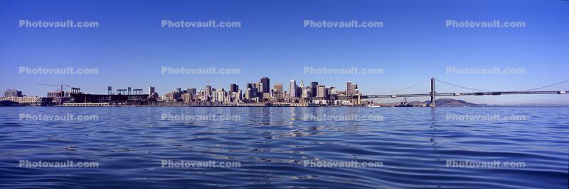 San Francisco Oakland Bay Bridge, Panorama, calm water, baseball park, skyline, buildings