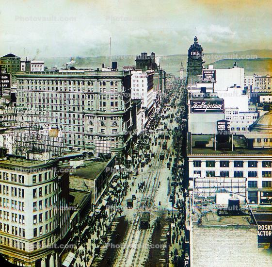 Market Street, Trolley, Ferry Building, Emporium, 1920's