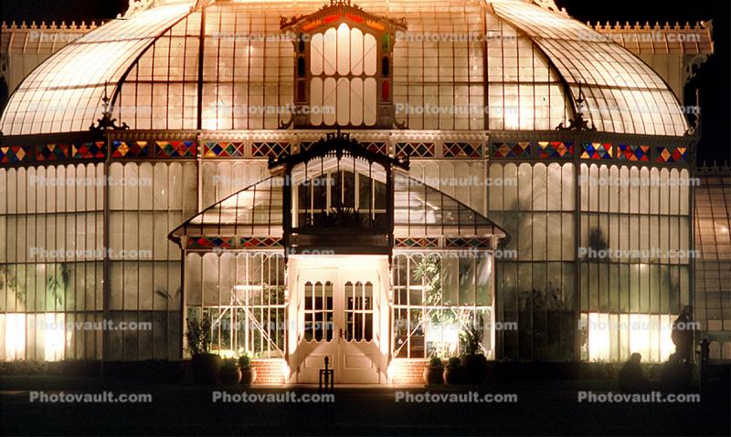 Entrance to the Conservatory Of Flowers, Night, Exterior, Outdoors, Outside, Nighttime, building, detail
