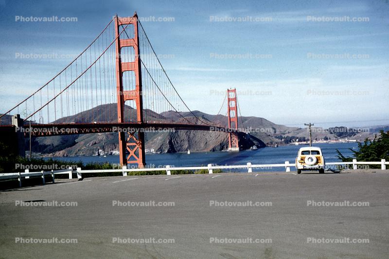 Woody, car, station wagon, parking lot, Golden Gate Bridge, 1950s
