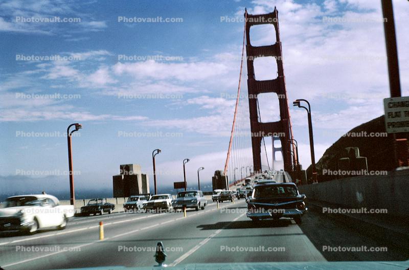 Crossing the Golden Gate Bridge, cars, fog, automobile, vehicles, August 1966, 1960s