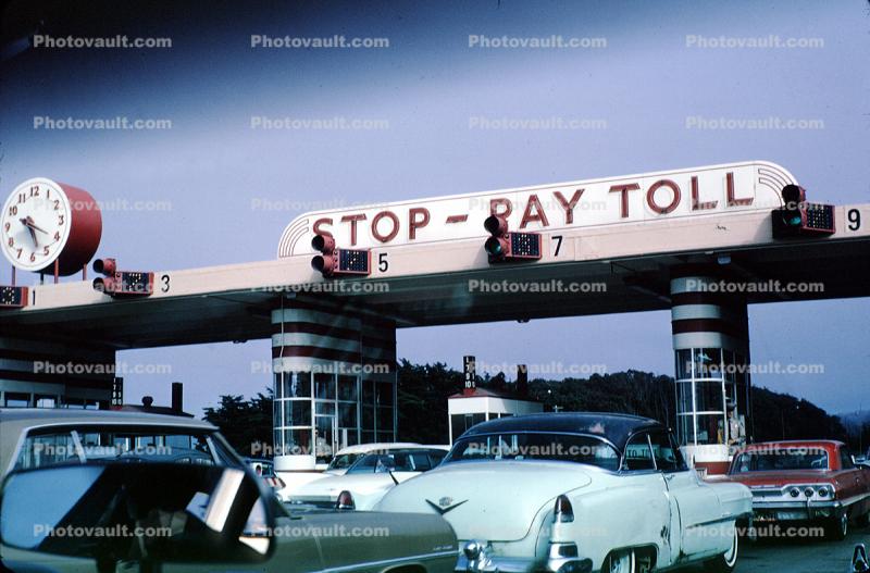 Stop -  Pay Toll, toll plaza, 1955 Cadillac, Chevy Impala, Chevrolet, car, automobile, vehicle, Golden Gate Bridge, August 1966, 1960s