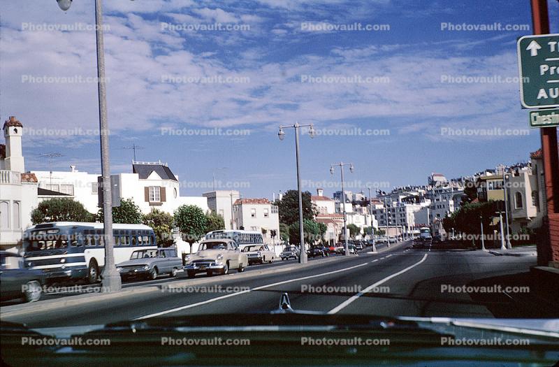 Lombard Street, Cars, automobile, vehicles, Greyhound Bus, August 1966, 1960s