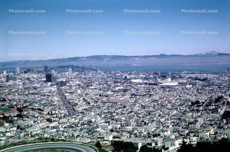 Market Street, SOMA, from Twin Peaks, skyline, downtown, cityscape, August 1966, 1960s