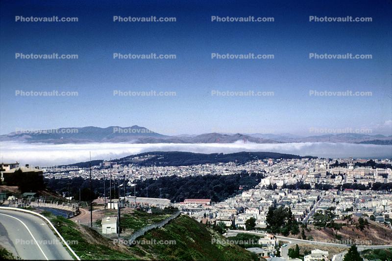 from Twin Peaks, fog, cityscape, Haight Ashbury, August 1966, 1960s