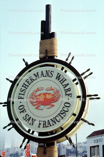 Crab, Signage, landmark, Fisherman's Wharf icon, symbol, Sign, logo, steering wheel, August 1962, 1960s