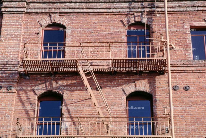 Brick Building, The Cannery, fire escape ladders, building, detail, August 1962, 1960s
