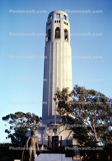 Coit Tower, statue, trees, August 1962, 1960s