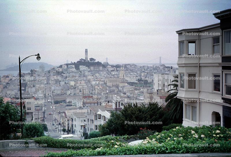 Telegraph Hill, Crookedest street in the world, Coit Tower, August 1962, 1960s