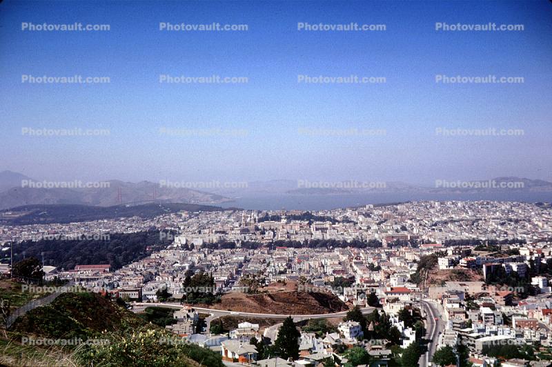 skyline, cityscape, streets, homes, houses, Haight Ashbury, from Twin Peaks, August 1962, 1960s